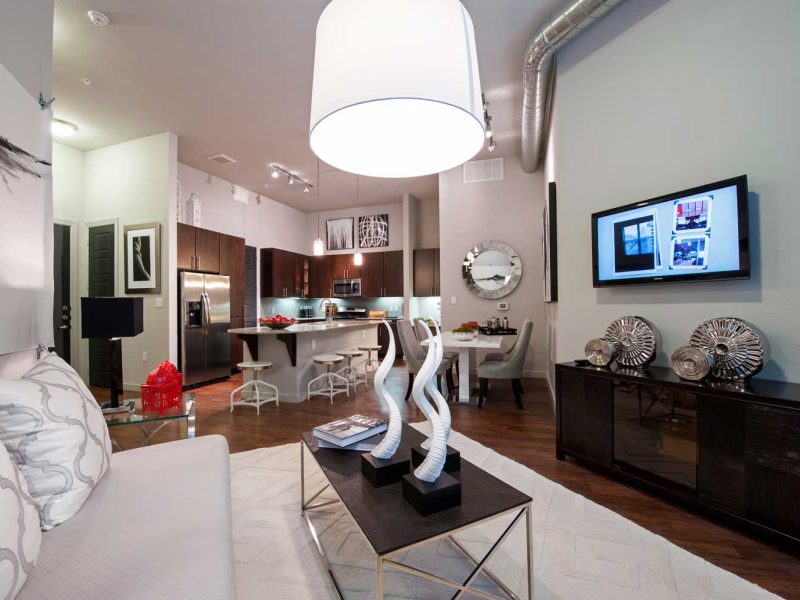 Caroline Post Oak model-C5a_living-1 Caroline Post Oak; one two three bedroom pet friendly apartments and townhomes for rent in Uptown Houston Texas near Galleria Memorial Park
